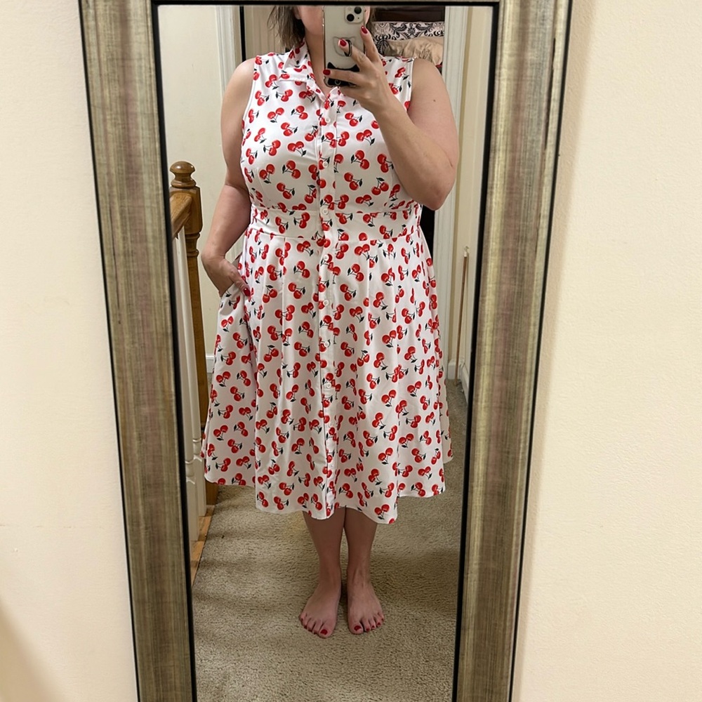 Cherry print shirt dress with pockets sz 18